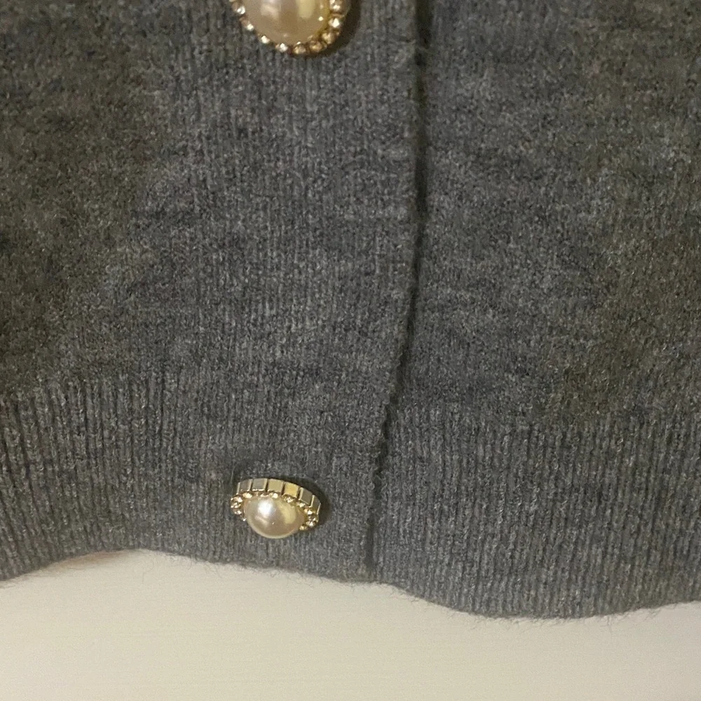Christina Gray Ruffle Shoulder Cardigan Sweater Gold Pearl Buttons Size S/M